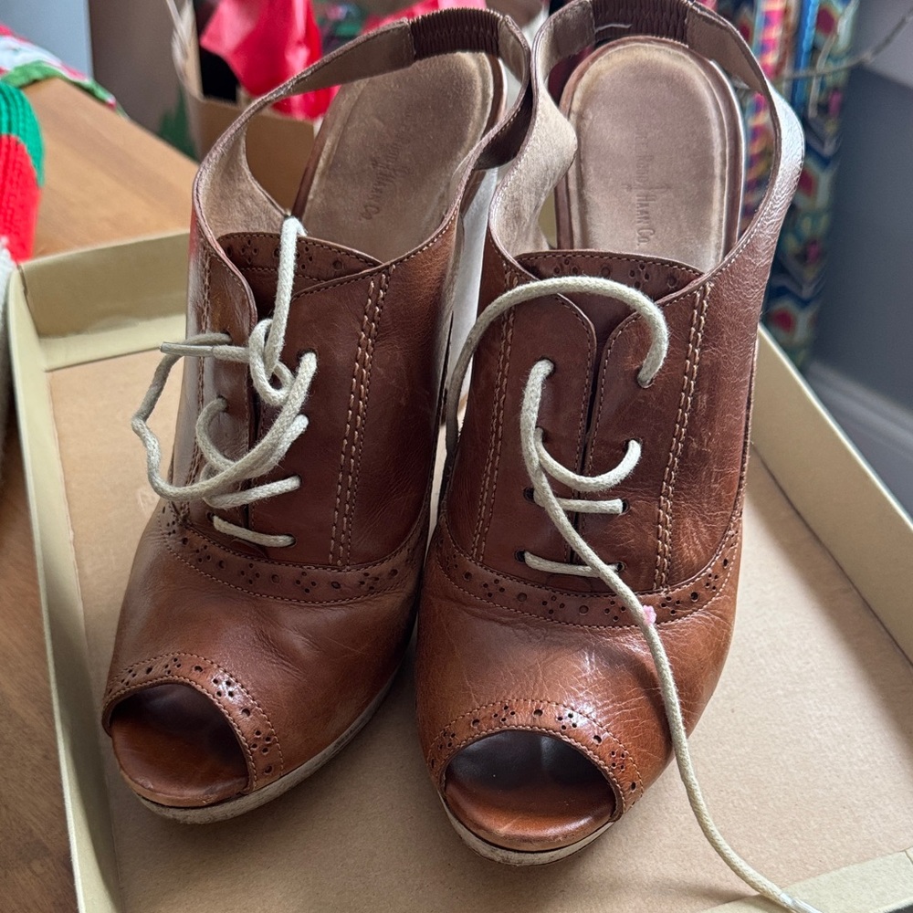 Cole Haan Tan Leather Lace-Up Peep-Toe Heels